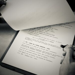 Scénario d'une scène à La maison du cinéma Toulouse. Texte et annotation.