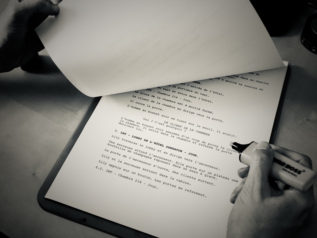 Scénario d'une scène à La maison du cinéma Toulouse. Texte et annotation.